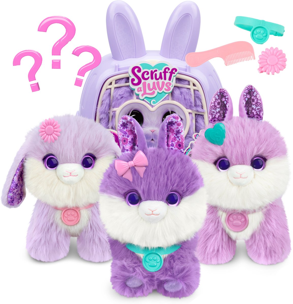 Moose Toys Scruff a luvs - paarse mystery knuffel in draagmand - konijntje