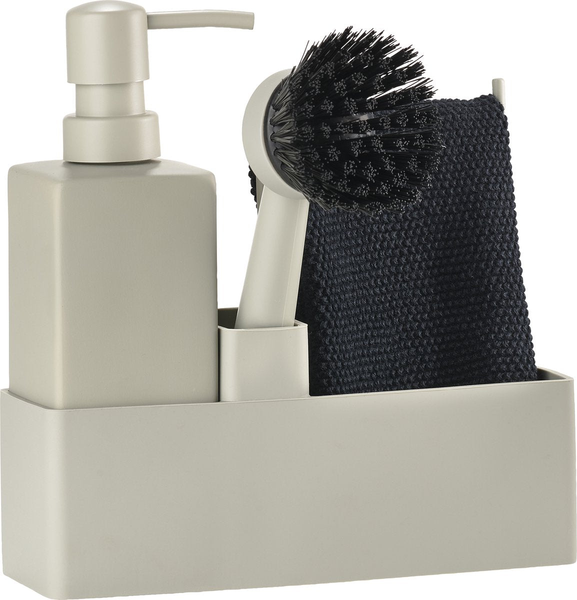 Zone Denmark afwasset 19 x 6 x 20,5 cm met vaatdoekje, keramieke zeepdispenser, afwasborstel en keukenorganizer- 4 stuks mud - afwas set