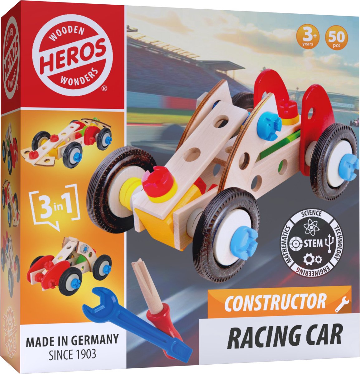 Heros constructor raceauto – constructiespeelgoed – 4-in-1 – 50 onderdelen – houten bouwset – fsc hout – gemaakt in duitsland – zelf bouwen – vanaf 4 jaar
