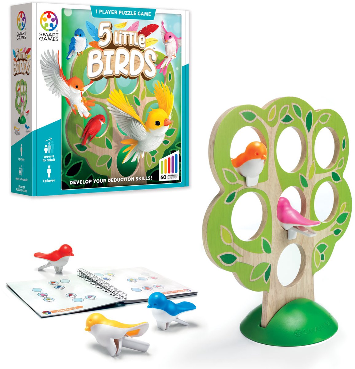 SmartGames 5 little birds - houten logisch denkspel - 60 educatieve breinbrekers - solospel voor kleuters lagere school - vanaf 5 jaar
