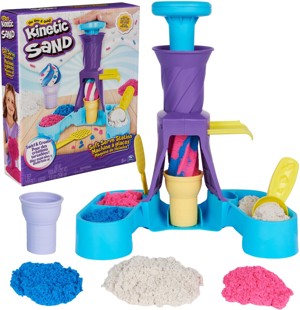 Kinetic Sand - softijsjes speelset met 396 g origineel in blauw roze en wit - 2 ijshoorntjes en 2 stuks gereedschap - sensorisch speelgoed