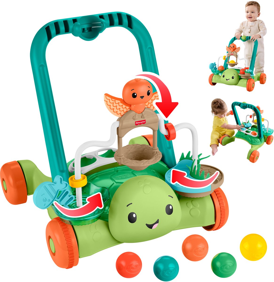 Fisher-Price moves with you schildpad loopwagentje - duw- en activiteitenspeeltje met 5 ballen