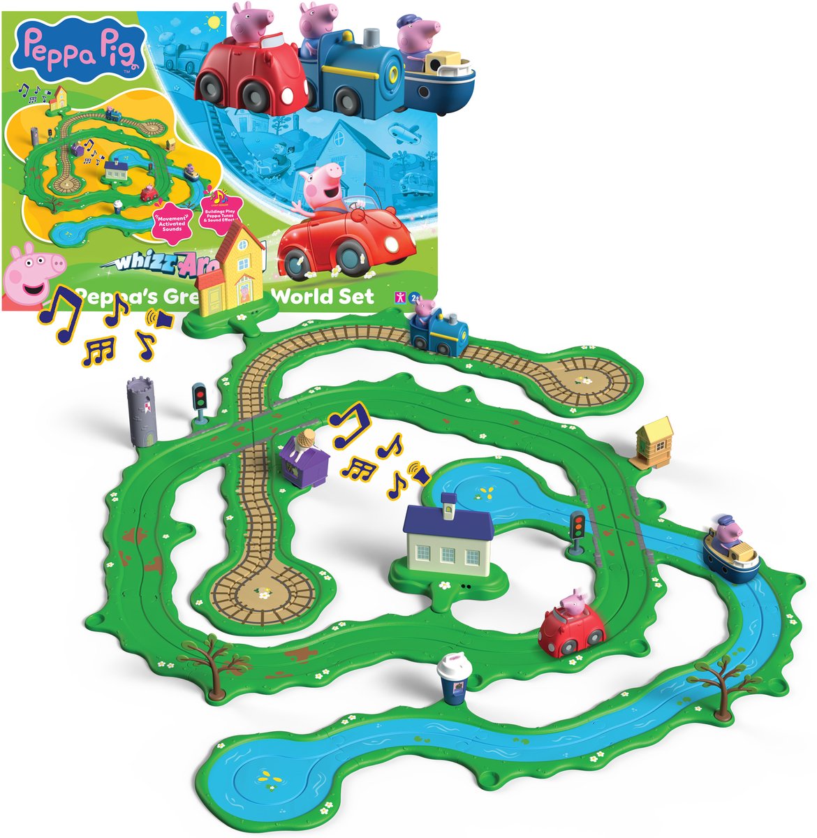 Gear2Play Peppa pig whizz around - peppa’s grote wijde wereld speelset - modulaire rijbaan voor whizz around voertuigen - interactief met muziek en geluid