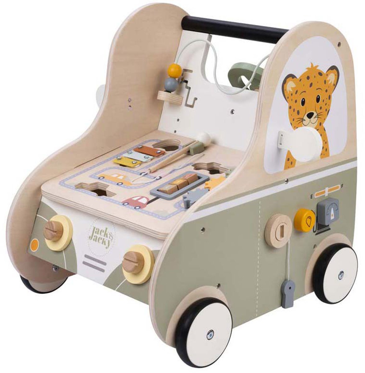 Jack jacky Houten loopwagen met educatieve activiteiten – multi functional car – activiteiten loopwagen – walker speelgoed – motoriek cognitieve ontwikkeling – educatief houten speelgoed – jack jacky
