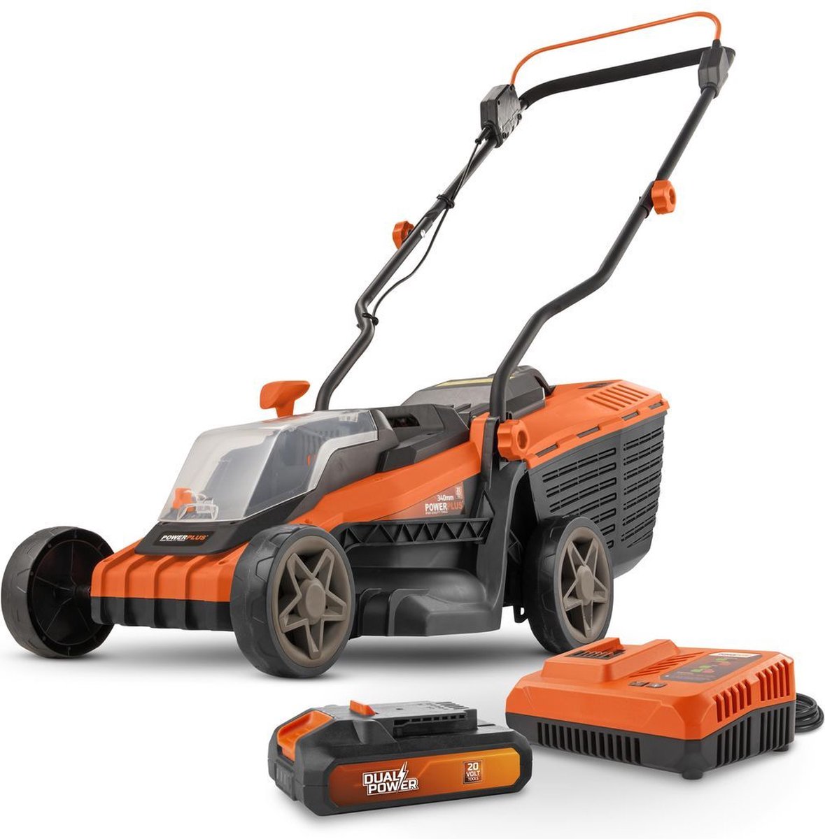 Powerplus Dual power accu-grasmaaier powdpglws1 - 20 v, 340 mm ø grasmaaier, met accu en lader, met 30 l grasopvangbak en achteruitworp