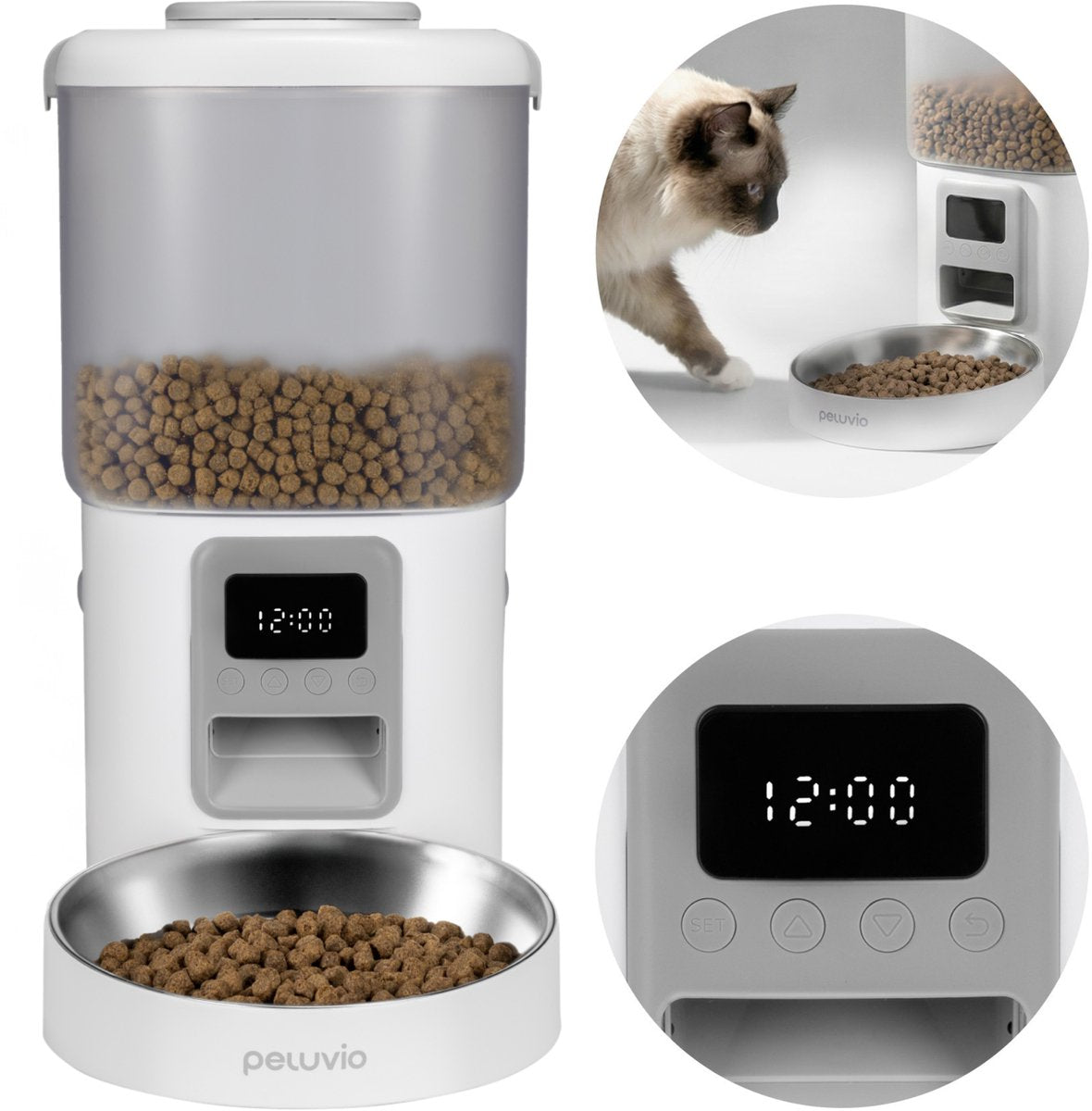 PELUVIO crispy automatische voerbak kat - automatische voerdispenser voor katten – 4,5l droogvoer – timer tot 4 maaltijden – lcd-scherm – rvs voerbak – noodstroom op batterijen – zonder app