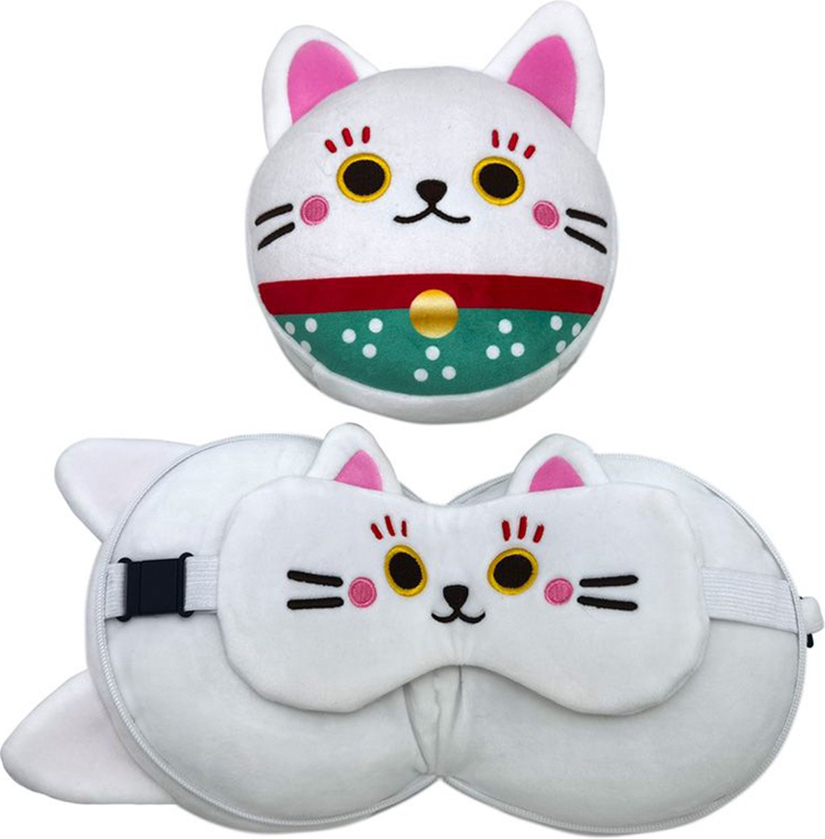Puckator Reiskussen slaapmasker - relaxeazzz maneki neko gelukskat rond - wit - 16x15,5x10,5cm 15,5x28,5x7cm