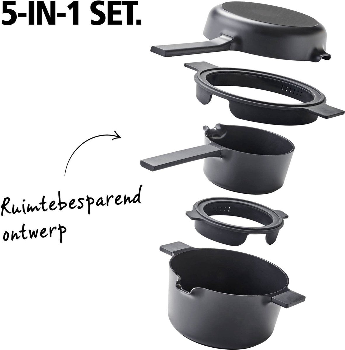 Brabantia compact all-in-one-set – stapelbare 5-delige pannenset- 22cm kookpan – 22cm koekenpan- 16cm steelpan- trendy design-stapelbaar - 100% pfas-vrij – 100% gerecycleerd - anti-aanbaklaag- aluminium- - incl. onderzetters - zwart