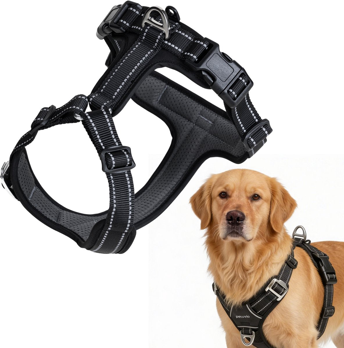 PELUVIO mate – hondentuig met reflectie - maat l – duurzaam nylon – ergonomisch guard tuig – antiroest gespen – sneldrogend weerbestendig – comfort controle voor actieve honden