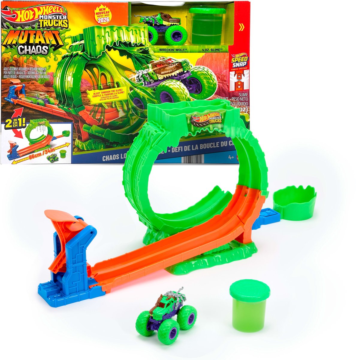 Hot Wheels monstertrucks gemuteerde chaos loopinguitdaging - speelset met wreckin' wolf speelgoedtruck en slime