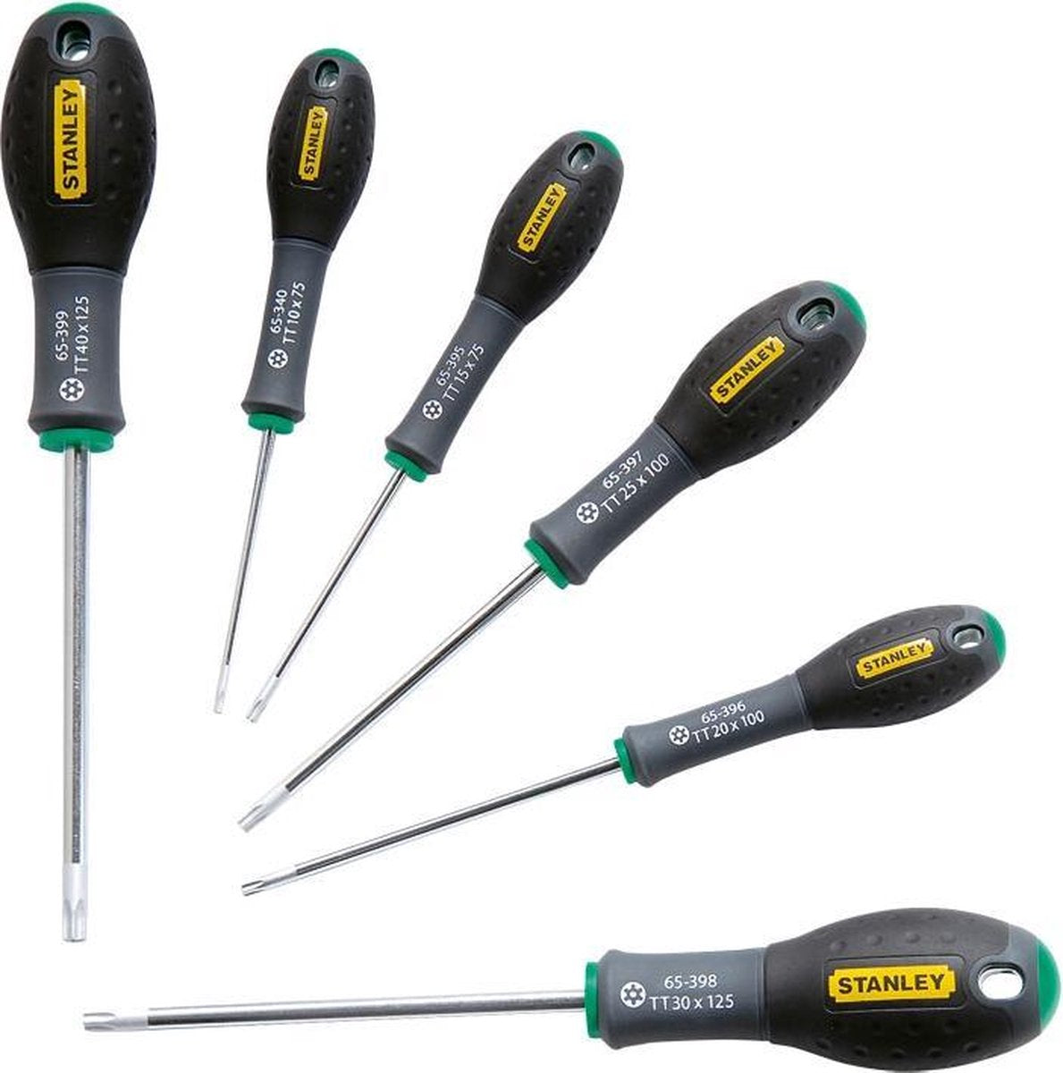 STANLEY 6-delige fatmax schroevendraaierset torx tt10 x 75mm. tt15 x 75mm. tt20 x 100mm. tt25 x 100mm. tt30 x 125mm. tt40 x 125mm