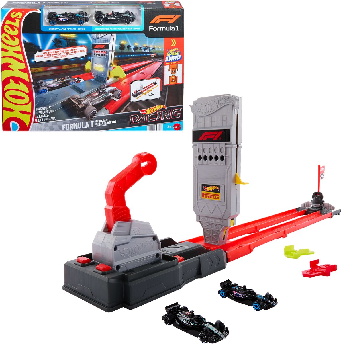 Hot Wheels racing formula 1 startplaats baanset en 2 metalen f1 auto's