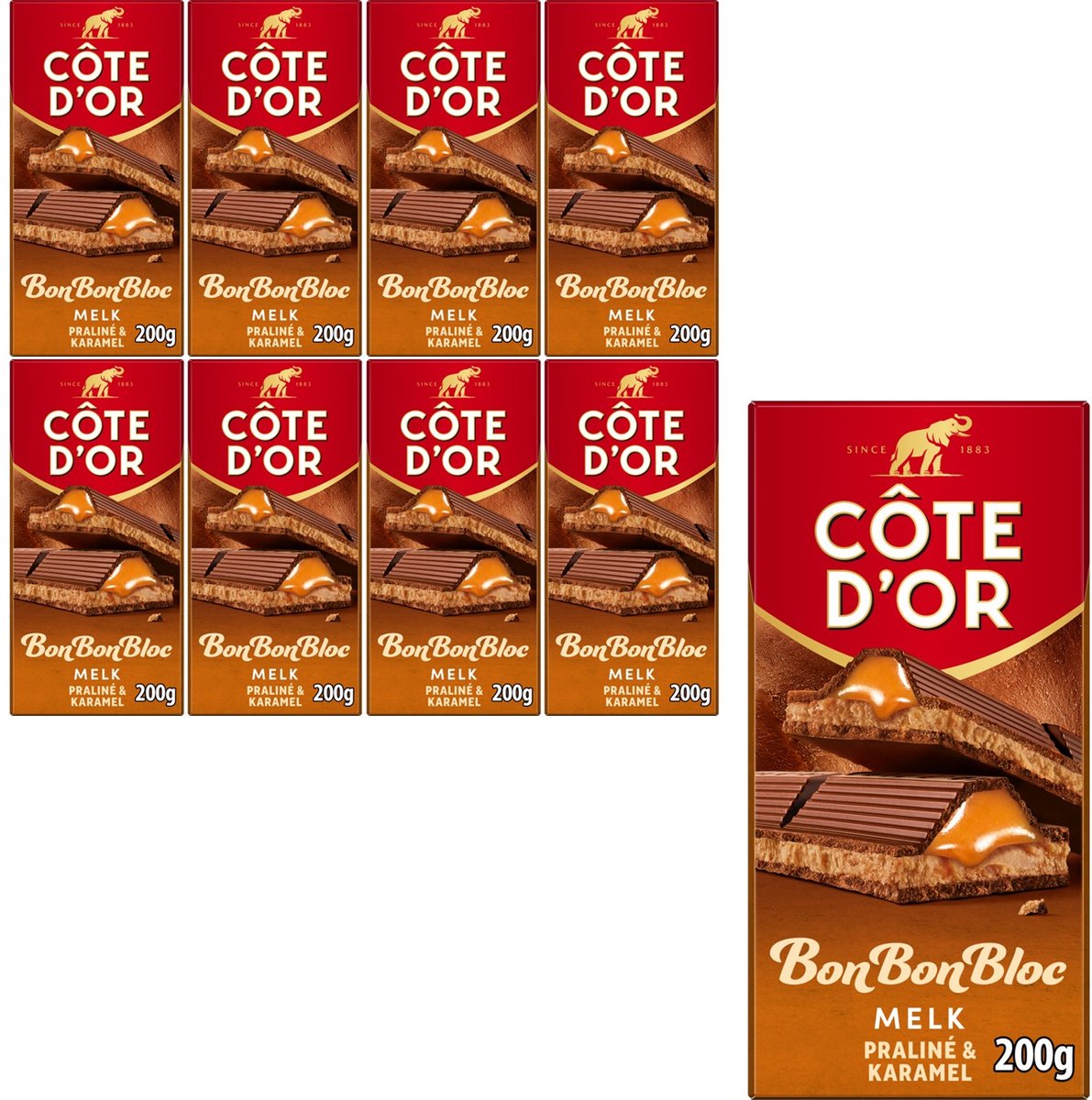 Côte D'Or bonbonbloc chocoladereep melk praliné karamel 8 x 200g - chocolade tabletten - cadeau vrouwen of mannen verjaardag - voorraad