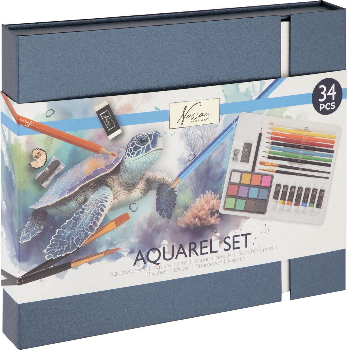 Nassau Fine Art Aquarelverf startersset 34pcs - giftset met aquarelverf napjes, aquarelverf tubes, potloden penselen - hobbyverf voor volwassenen - schilderen voor volwassenen