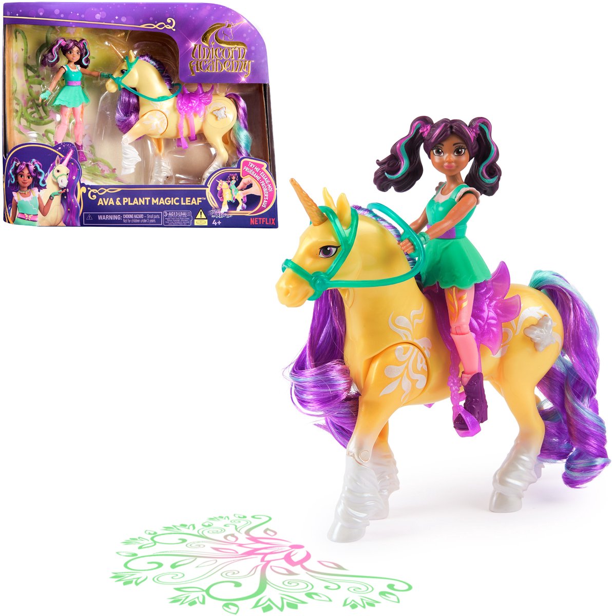 Unicorn Academy , ava plant magic leaf met lichteffecten, 2 rijaccessoires, poppen en eenhoornspeelgoed