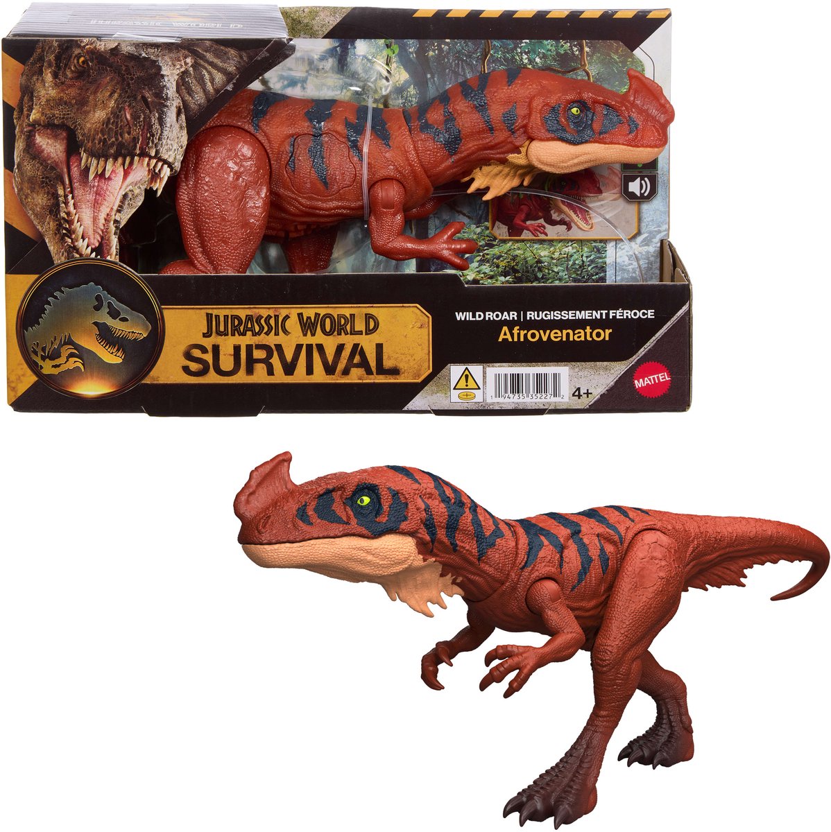 Mattel Jurassic world wild brullende afrovenator dinosaurusactiefiguur - met licht en geluid
