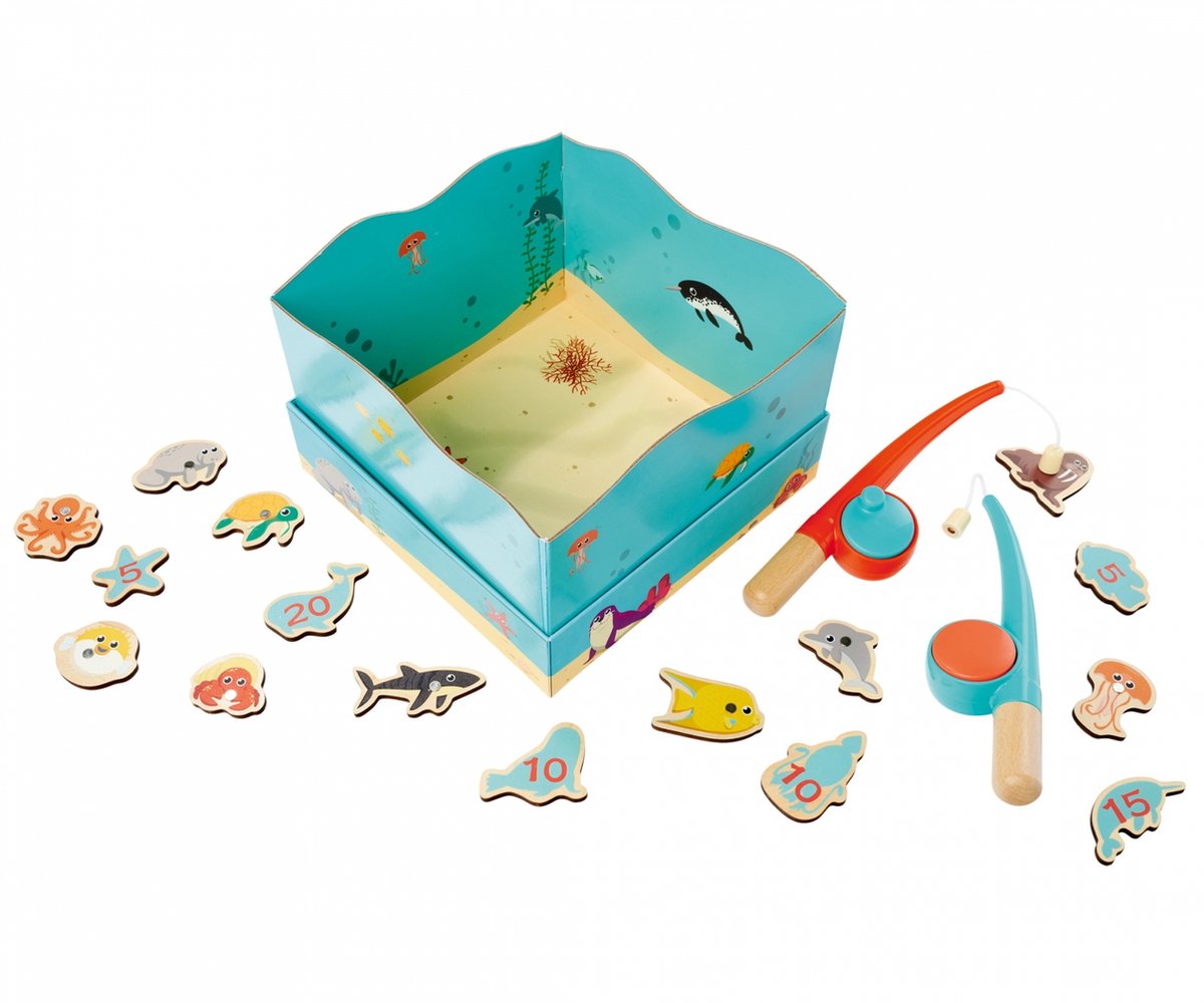Simba Houten visspel educatief speelgoed aquarium magneet hengel 19-delig.