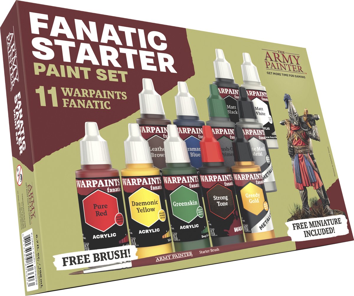 The Army Painter warpaints fanatic: starter set, 11 verven: 7 acrylkleuren, 2 metallics, 1 wash, 1 primer voor opzetten met penseel, 1 gratis miniatuurfiguur en starterspenseel