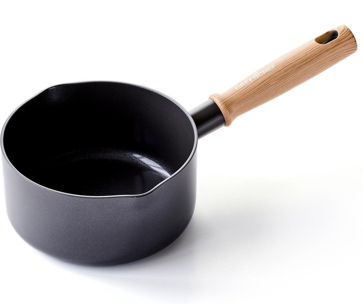 GreenChef vintage steelpan 16cm - 1.6l - pfas-vrije antikleeflaag - steelpan inductie - keramische pan - ovenbestendig tot 160°c - houten handgreep - koelgreep - zonder deksel - zwart