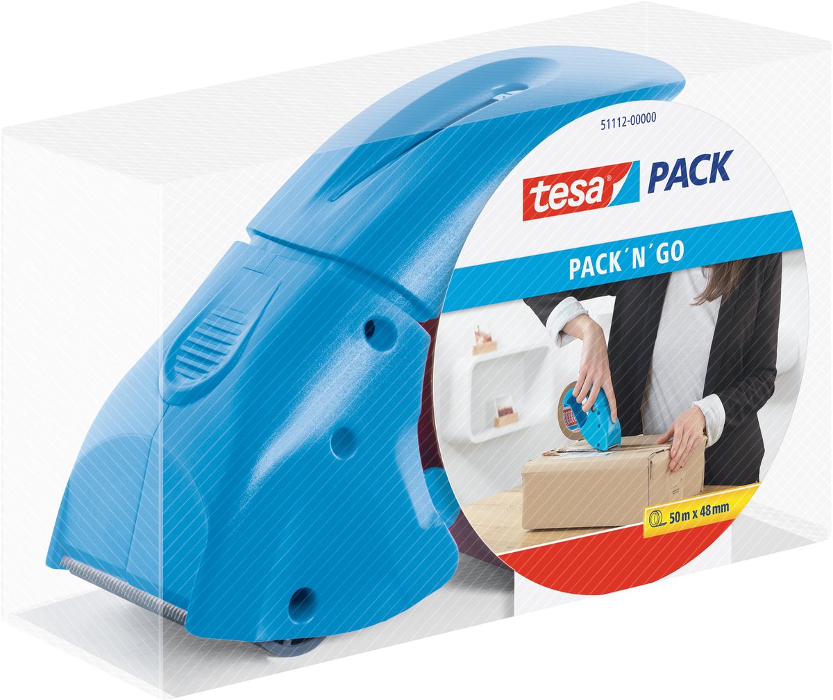 Tesa Pack plakbanddispenser pack'n'go ergonomische blauwe handdispenser met plakband – 50 m x 48 mm