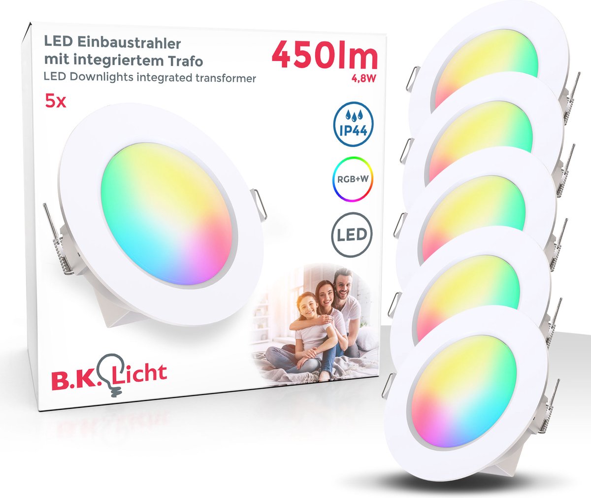 B.K.Licht - rgbw inbouwspots - set van 5 - badkamerverlichting - met afstandsbediening - dimbaar - gekleurd licht - ip44 - 9.2 cm x 4.5 cm (dxh) - wit