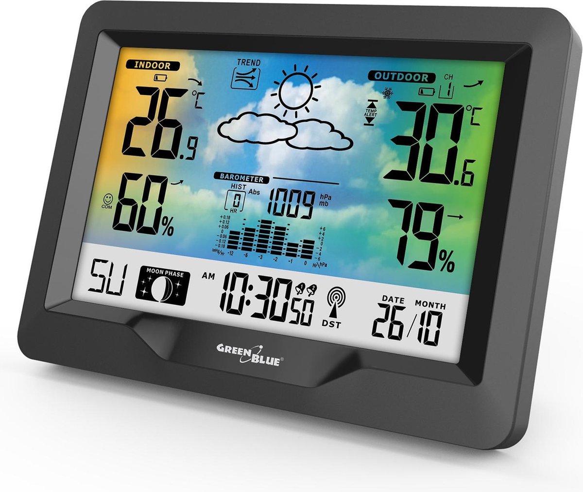 GreenBlue gb540 weerstation kleurenscherm, binnen- en buitentemperatuur dcf-systeem, maanfasen, barometer, kalender