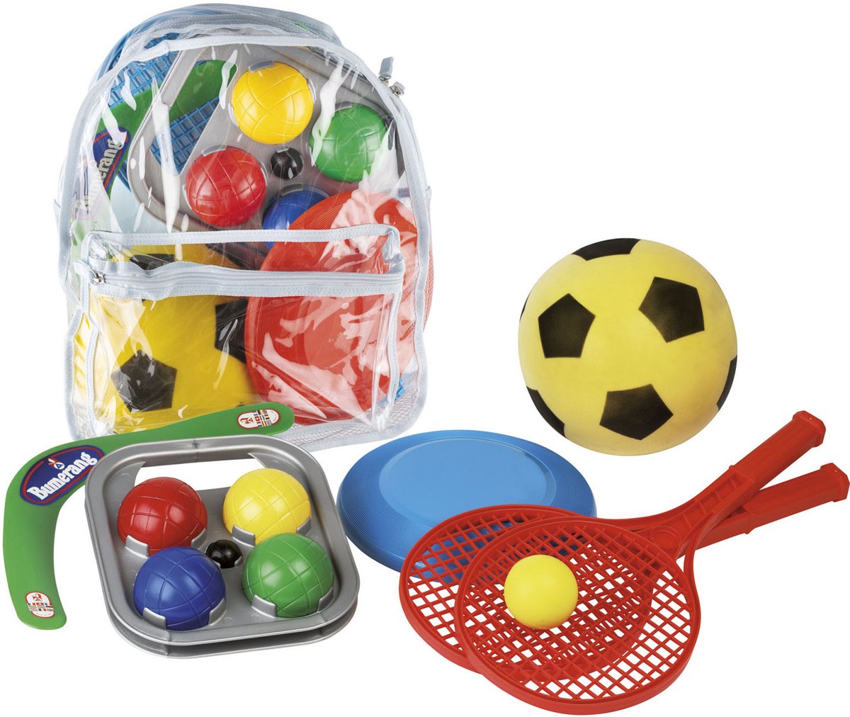 Androni Camping sportset in tas - boemerang, een frisbee, een tennisset (2 rackets ø 21 cm met bal) en een zachte bal