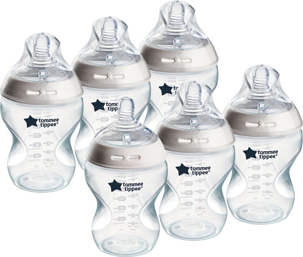 Tommee Tippee natural start babyflessen, 0m+, babyflessen set van 6, 260ml, speen in de vorm van een borst voor een natuurlijke zuigwijze, lage stroomsnelheid, zelfsteriliserend en bpa-vrij, baby feeding essentials