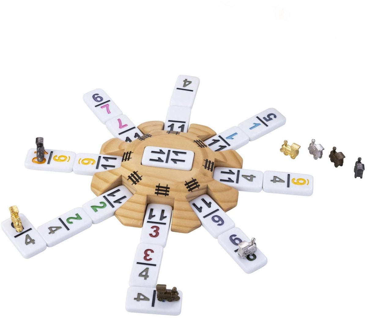 Engelhart Domino mexican train accessoires set - 8 metalen treintjes - houten station - scoreblok -