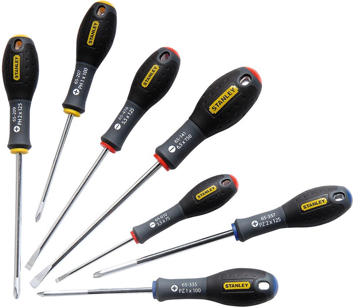 STANLEY 7-delige fatmax schroevendraaierset parallel 3.5 x 75mm. 5.5 x 125mm standaard 6.5 x 150mm phillips ph1 x 100mm. ph2 x 125mm pozidriv pz1 x 100mm. pz2 x 125mm