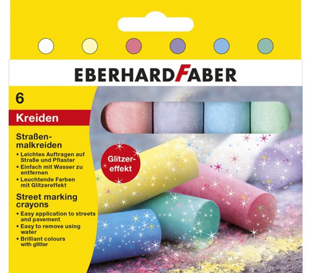 Eberhard Faber stoepkrijt - 6 stuks - glitterkleuren - ef-526504