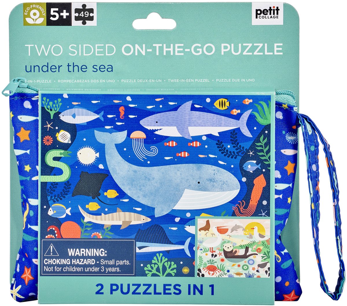 Petit Collage Wild wolf dubbelzijdige puzzel in etui met rits | dieren in zee | vanaf 3 jaar