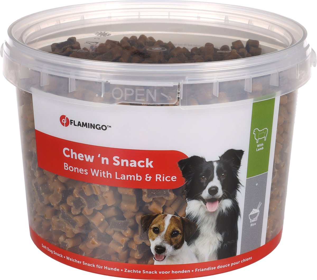 Flamingo Hondensnack – koekjes met lam rijst – hondensnacks – honden snacks – hondensnoepjes – zonder toegevoegde suikers – 1,8kg bewaaremmer