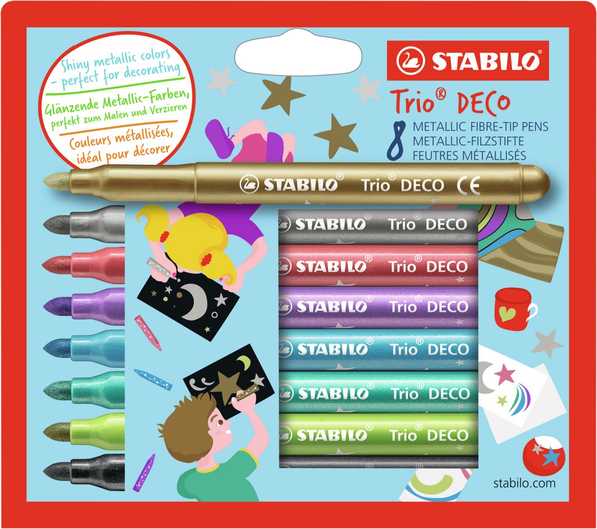 STABILO trio deco - metallic viltstift - met extra dikke punt 3,0 mm - etui met 8 kleuren