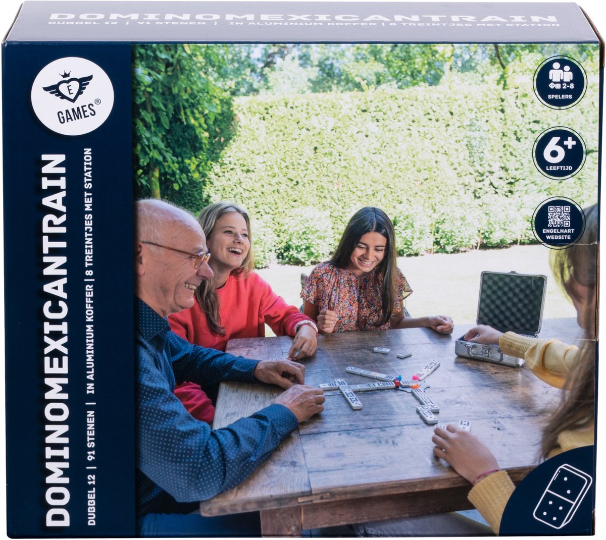 Engelhart Domino dubbel 12 mexican train – 91 stenen met gekleurde ogen – luxe aluminium koffer met handvat – inclusief station treinen – strategisch familiespel –