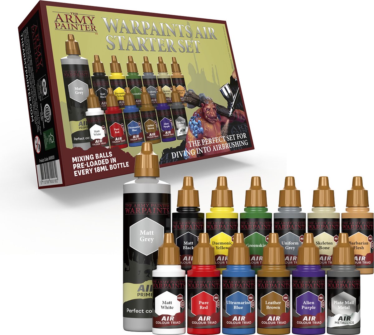 The Army Painter warpaints air starter set, 12 warpaints in 18 ml druppelflessen (inclusief 1 metallic, 1 grijze 100 ml primer), acrylverf niet-giftige airbrushverf op waterbasis acrylverfset