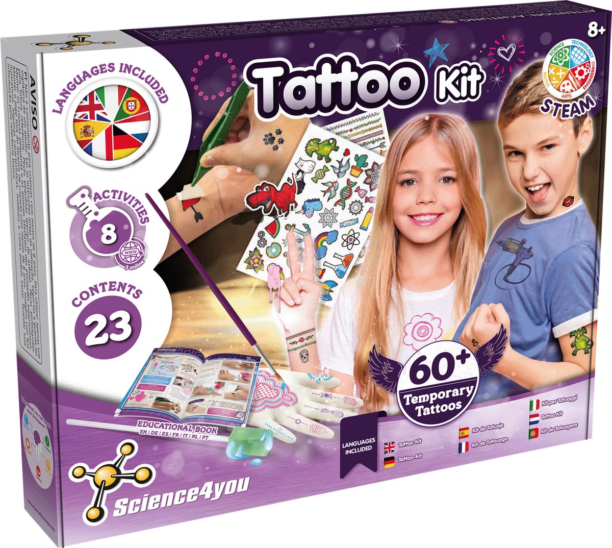 Science 4 You Science4you tattoo kit - experimenteerset - tijdelijke tattoo set voor kinderen 8+ jaar - 60+ verschillende tatoeages