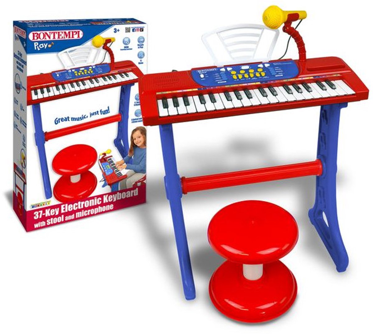 Bontempi Spa Bontempi keyboard speelgoed elektronisch met microfoon, poten en kruk.