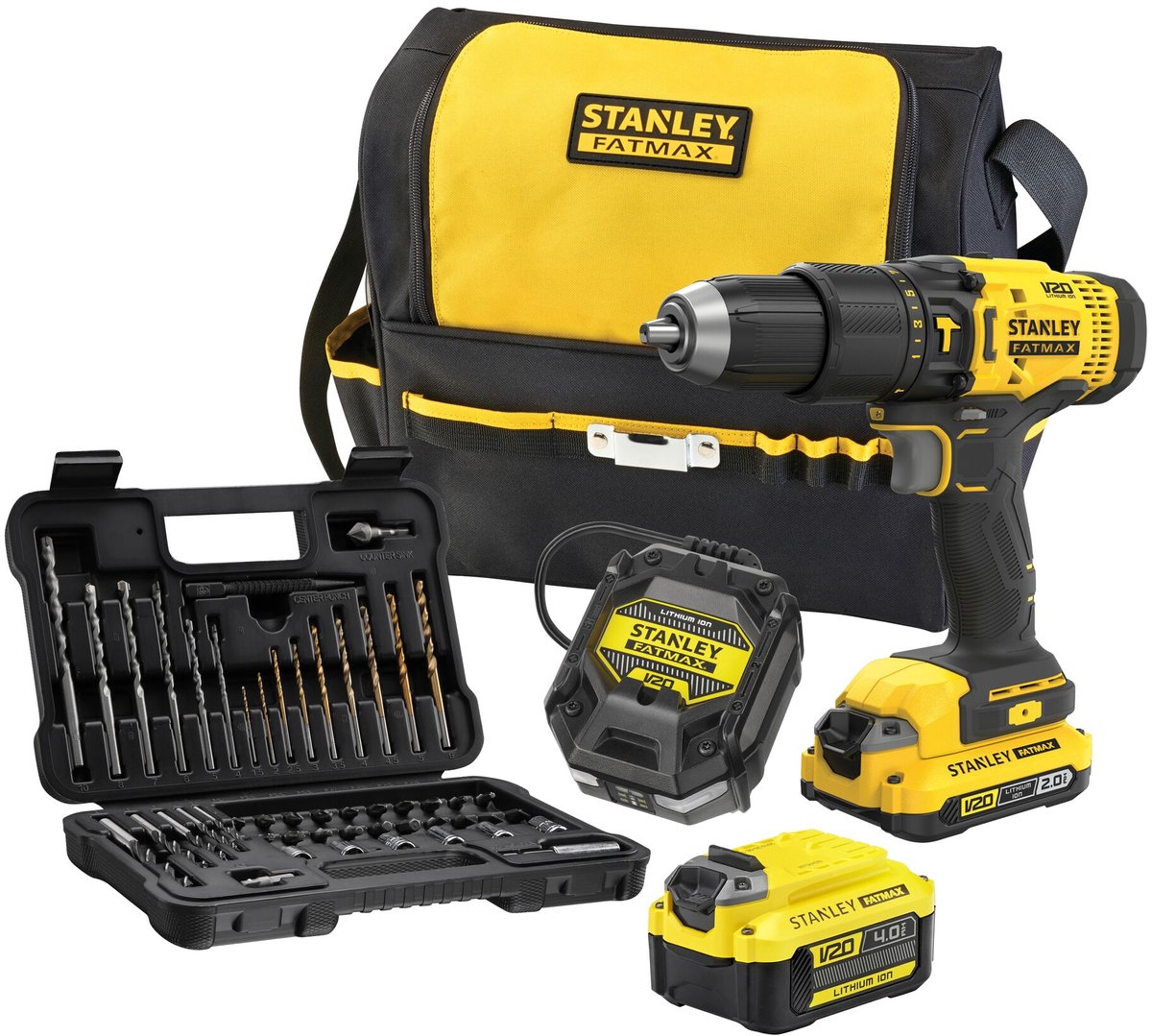 STANLEY fatmax v20 18v brushless schroef- klopboormachine + rolmeter, waterpas en bitset in koffer (met 2x 2.0ah accu en lader) sfmck101d2t-qw