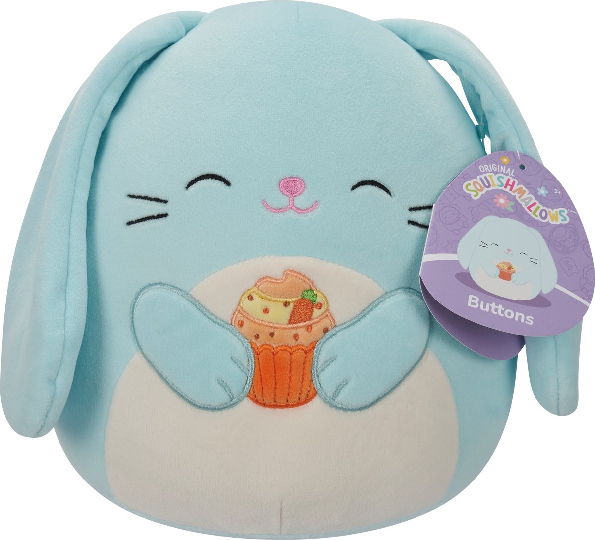 Jazwares Squishmallows - little plush - (buttons - blue bunny w white belly holding carrot cupcake) - 19cm plush