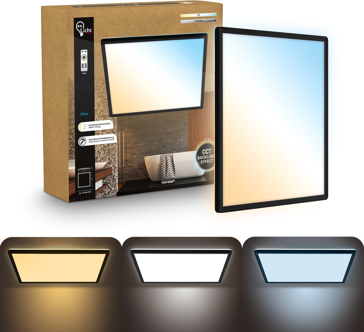 B.K.Licht shallow - dimbaar badkamerlamp plafonniere - plafondlamp met afstandsbediening - badkamerverlichting met cct - ip44 - 42 x 42 cm - zwart