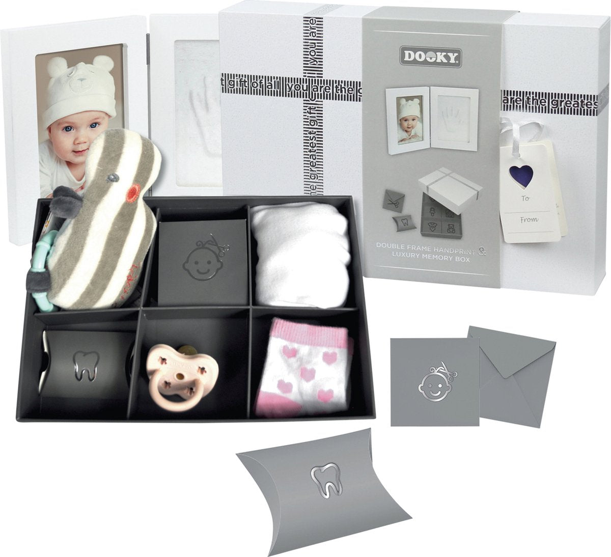 Dooky 2d baby hand- en voetafdruk lijst met memory box – foto en klei afdrukken – huidvriendelijk eenvoudig te maken – kraam- of cadeau geschenk