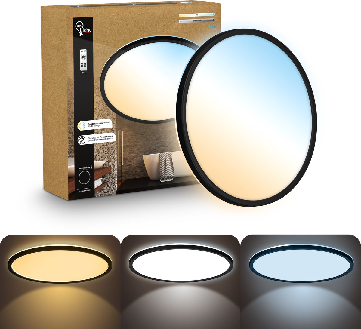 B.K.Licht shallow - dimbaar badkamerlamp plafonniere - plafondlamp met afstandsbediening - badkamerverlichting met cct - ip44 - ø42 - zwart