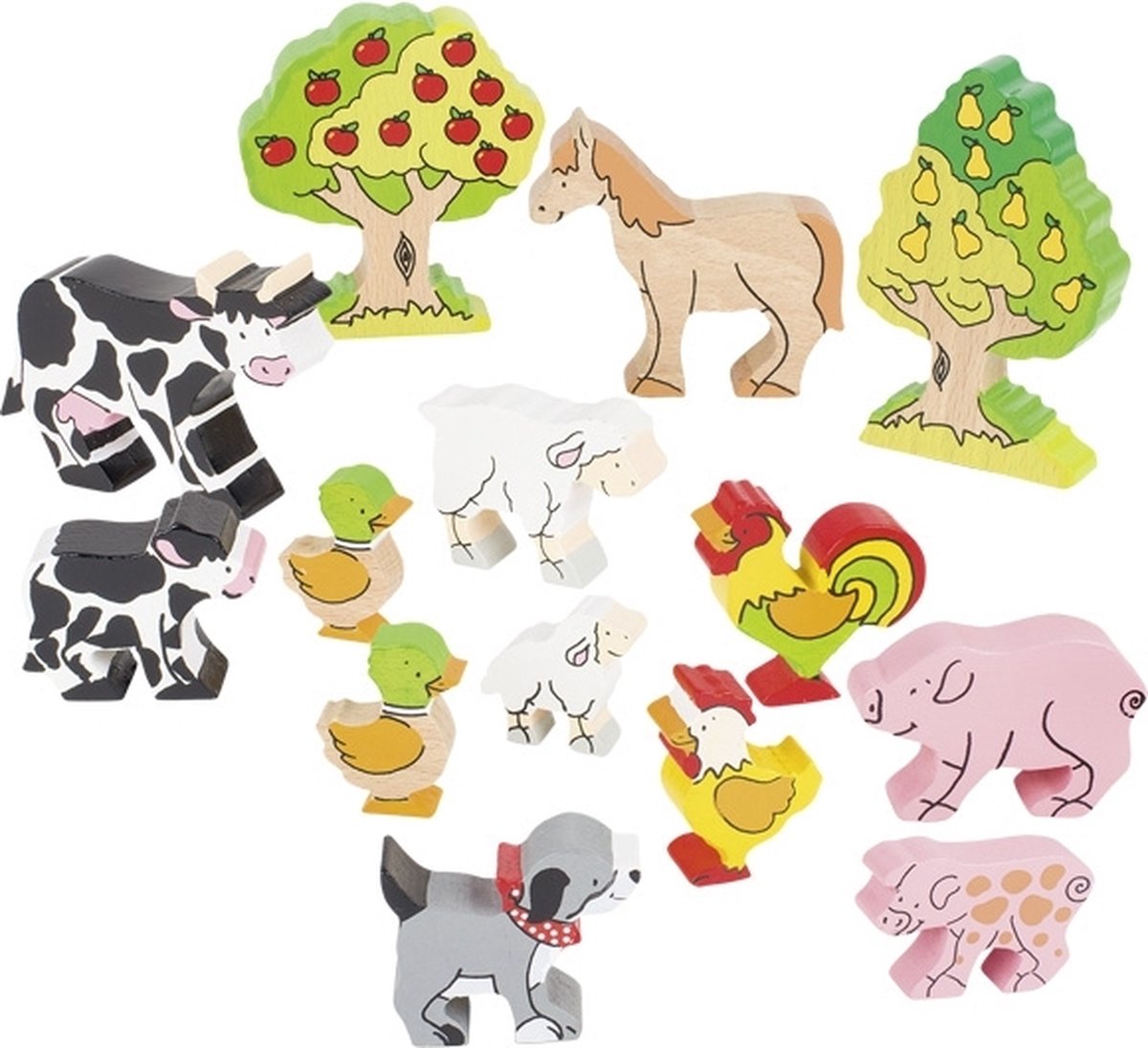 Goki Houten figuren: set boerderijdieren, bevat 14 dieren l2,5-11,5cm, beschilderd hout, in doos