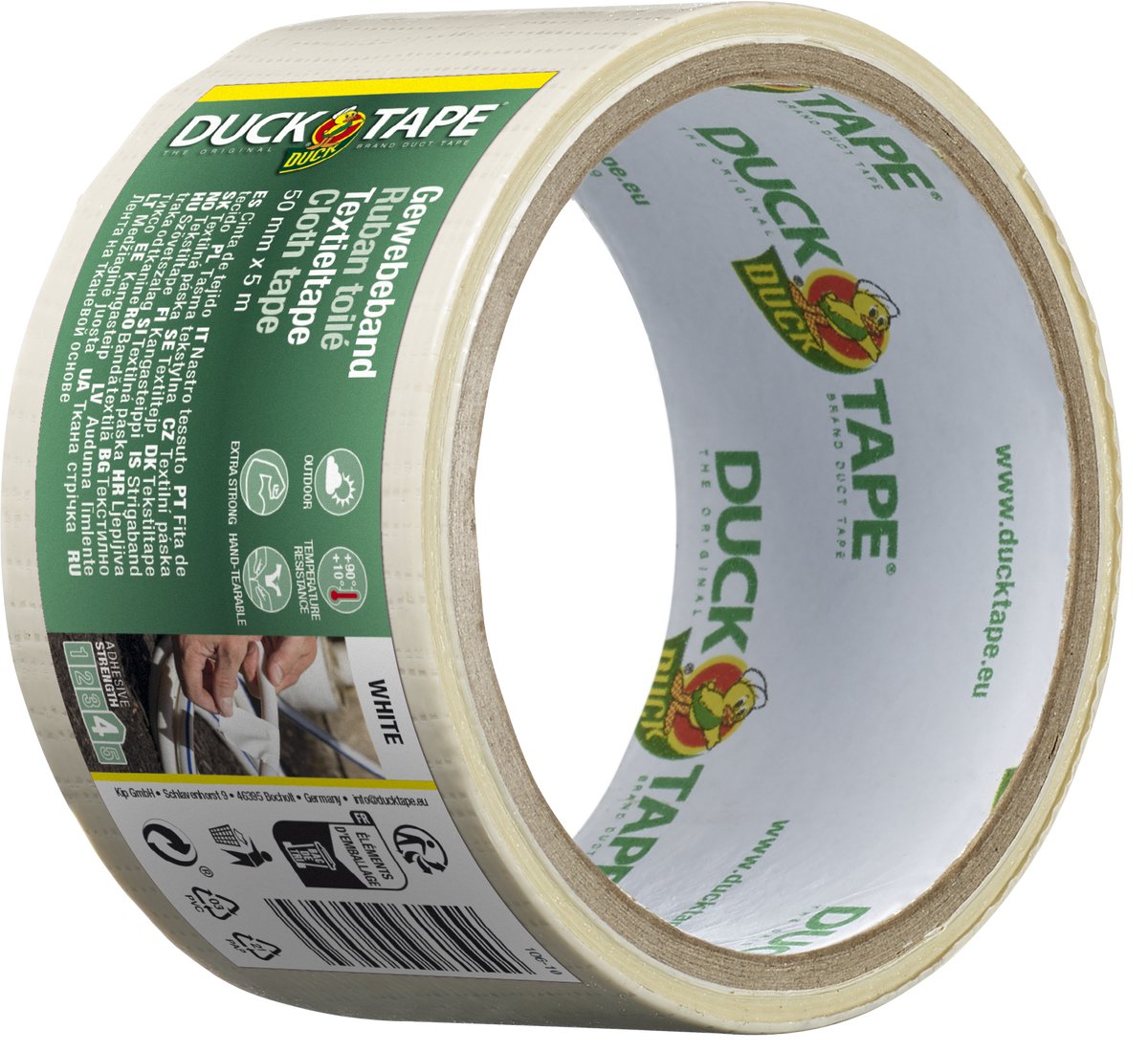 Kip Ducktape original - premium duct tape textieltape - wit 50 mm x 5 m - weerbestendig, waterdicht en met de hand afscheurbaar - universeel inzetbaar voor langdurig repareren, afdichten en beschermen van steen, metaal en hout