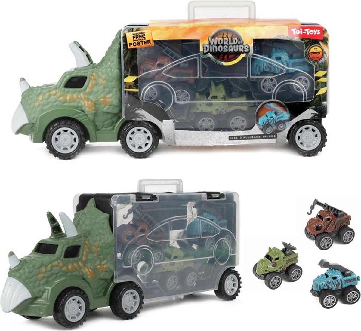 World Of Dinosaurs dinotruck met 3 pull-back auto's