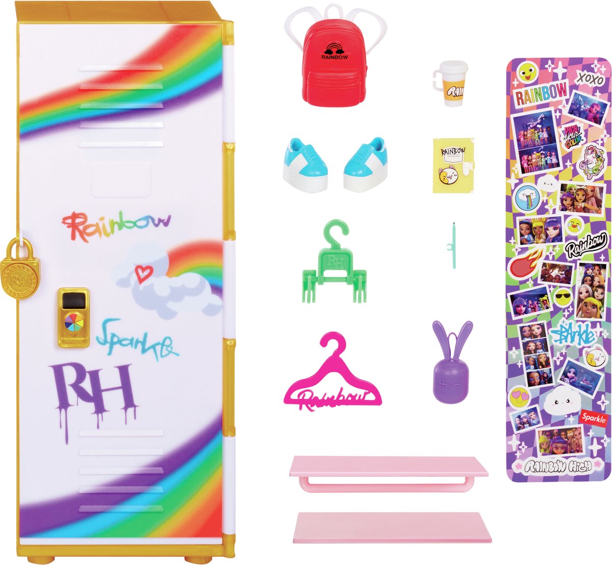 Rainbow High design stijl - locker speelset met planken, kleerhangers, accessoires en stickers