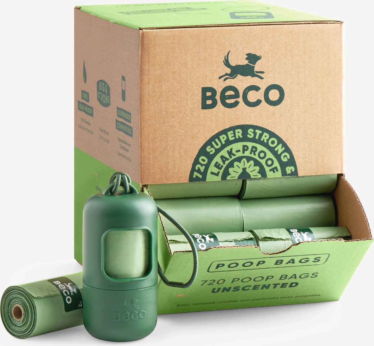 BECO duurzame hondenpoepzakjes + poepzakjeshouder - groot sterk - 720 stuks (48 x 15)