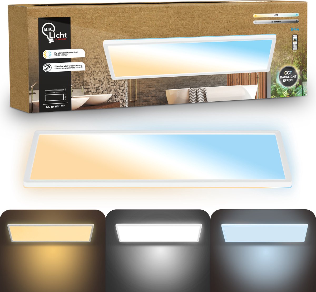 B.K.Licht shallow - dimbaar badkamerlamp plafonniere - plafondlamp met afstandsbediening - badkamerverlichting met cct - ip44 - 58 x 20 cm - wit