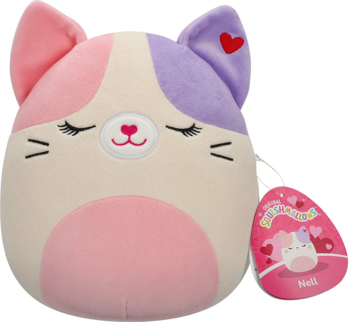 Squishmallows Squishmallow valentijnsdag - 19cm plush nell - pink and purple calico cat w pink belly, closed eyes and heart